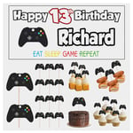Gaming Xbox Controller Themed Birthday Decorations Pack - 2 Personalised Banners - 14 Party Food & Cupcake Toppers Picks - Any Name and Age