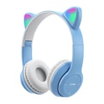 Casque sans fil Blue-tooth Glow Light Stereo Bass Casques Oreille de chat avec micro Enfants Gamer Girl Gifts PC Phone Gaming Headset-Bleu
