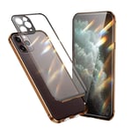 Jonwelsy Case Compatible with iPhone 11 Pro (5.8"), 360 Degree Front and Back Transparent Tempered Glass Cover with Lens Protection, Double Buckle Shockproof Metal Bumper for iPhone 11 Pro (Gold)