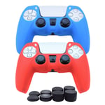 PS5 Controller Skin,Hikfly Silicone Cover for PS5 Grips PlayStation 5 Controller Cover Protector Sleeve Kits Video Games Pack 2 Skins with FPS Pro Thumb Grips Caps(Red Blue)