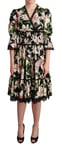 DOLCE & GABBANA Dress Black Cotton Lily Print Lace Trim Midi IT36 / US2/XS