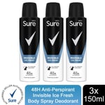 Sure Men Anti Perspirant 48H Protection Invisible Ice Deodorant, 3 Pack, 150ml