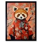 Red Panda in Kimono Cherry Blossom Trees Japan Art Print Framed Poster Wall Decor 12x16 inch