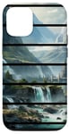 Coque pour iPhone 15 Pro Paysage naturel vert rétro, cascades, montagnes enneigées #2