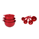 KitchenAid Mixing Bowl Set of 3, Plastic, Dishwasher Safe, Empire Red & Universal Measuring Cups Set, Measuring Spoons and Cups for Scale, Empire Red