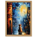 Artery8 A Street Cat Named Desire Palette Knife Oil Painting Ginger Cat Village Night Artwork Framed A3 Wall Art Print