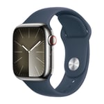 Apple Watch Series 9 GPS + Cell 41 mm sølvfarvet Rustfrit stål urkasse med Stormblå sportsrem - S/M