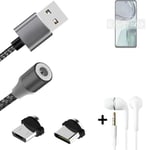 Magnetic charging cable + earphones for Motorola Moto G62 5G + USB type C a. Mic