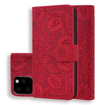 Scratch Resistant Genuine Leather Case Calf Pattern Double Folding Design Embossed Leather Case With Holder and Card Slots, for IPhone 11 (6.1 Inch) (Color : Red)