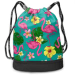 Flamingo Bird Tropical Flowers Green Gym Bag Lightweight Sackpack Shoes Bag Lightweight Gymsack Carrysack Durable Shopping Bag Washable Storage Bags With Insulated Pockets For Travel Golf Yoga