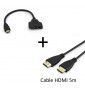 Pack HDMI pour Mac et PC (Cable HDMI 5m + Adaptateur Double HDMI) Gold 3D FULL HD 4K (NOIR)