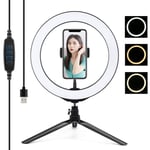 10 inch LED Ring Light with Tripod Stand & Cell Phone Holder, Dimmable Beauty Desktop Ringlight, USB Powered Streaming Light with 3 Color Modes for Selfie, Makeup, Youtube, Vlog, Video Shooting