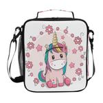 Mnsruu Pink Floral Unicorn Lunch Bag with Adjustable Shoulder Strap for Boys Girls,Insulated Lunch Box Cooler Bag for School Office Travel
