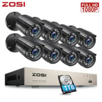 ZOSI 8CH H.265+ DVR 1TB FULL HD 1080P CCTV Home Security Camera System Outdoor