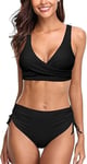 Maillot de Bain Femme 2 Pièces Bikini Taille Haute Maillot de Bain Ventre Plat Col V Push Up à Torsion Frontale String Thong Laçage Latéral Noir