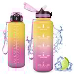 Vikaster Gourdes, Gourde avec Paille 1.5litre, sans BPA, Étanche & Réutilisable, Water Bottle Ouvrir en Un Clic, Convient pour la Gym, Le Yoga, Le Camping, Randonnée, B-Rose+Jaune