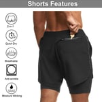 1 st Mäns 2-i-1 Träning Löpning Shorts Korta Byxor, Svart, XL