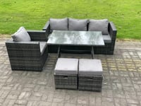 PE Rattan Outdoor Furniture Garden Dining Set with Oblong Dining Table Armchair 2 Small Footstools Dark Grey