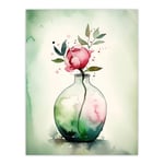 A Single Rose In A Glass Vase Watercolour Painting Green Pink Valentines Day Flower Romance Nature Colourful Bright Floral Modern Artwork Unframed Wal