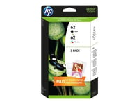 HP 62 - Pack de 2 - noir, tricolore à base de colorant - originale - jeu de papier / cartouche d'encre - pour Envy 55XX, 56XX, 76XX; Officejet 252, 57XX, 8040