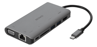 Multi-adapter Deltaco, USB-C till HDMI/VGA/2xUSB 3.0/GigaLAN/USB-C PD 3.0, kortläsare SD - Rymdgrå