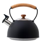 Stove Top Whistling Tea Kettle, 2.5 L Stainless Steel Whistling Kettle with Anti-scalding, Wooden Handle Gas Hob Stove Induction Kitchen Teapot Coffee Tea Kettle (Black)