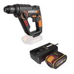 PACK WORX Marteau perforateur sans fil 20V H3 WX390.9 + Kit Batterie 4Ah, chargeur rapide, percer, visser, perforer tous les matériaux, 1,2J, mandrin 13 mm, Accessoires forets et embouts de vissage