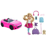 Barbie Convertible 2-Seater Vehicle, Pink Car with Rolling Wheels & Realistic Details, Gift for 3+ & ​Chelsea Travel Doll, Blonde, With Puppy, Carrier & Accessories, For 3 To 7 Year Olds, FWV20
