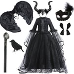 Maleficent flickor klänning lyx spets svart häxa klänning barn Halloween karneval cosplay kostym mörk tema cosplay kostym klänning set-WELLNGS Dress Sets 04 7-8Y Tag-140