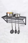 Kitchen Wall Mounted Metal Pot Rack Storage Shelf Spice Finishing Rack with Hooks