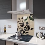 Cappuccino Floral - Black Flower Glass Splashback - 70cm Wide x 75cm High