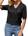 GRACE KARIN Gilet Femme Ete Manche Courte Col en V Casual Cardigan Bolero Elegant Noir L