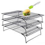 KeepingcooX 3 Tier Non Stick Cake Cooling Rack | Space Saving Stackable Wire Trays with Collapsible Legs for Cakes and Biscuits, 25 x 40 cm, Plus Multi-use Silicone basting Brush