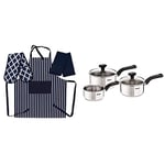 Tefal C973S344 Comfort Max Stainless Steel Saucepan Set, 3 Pieces - Silver with Penguin Home Apron, Double Oven Glove and 2 Kitchen Tea Towels Set - NAVY/White