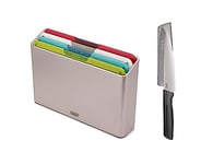 Joseph Joseph Folio Icon, 4-Piece Colour coded Chopping Board Set, Slimline Case for Organised Kitchen Storage with Chef's Knife- Regular, White