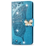 A22 5G Phone Case Samsung, Cute Glitter Bling Shockproof Folio Flip PU Leather Wallet Cover Butterfly with Card Slot Stand Silicone Bumper Case for Samsung Galaxy A22 5G Case Girls, Blue