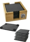 6 Square Slate Coasters in a Bamboo Holder with a pewter A28 Bear