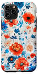 Coque pour iPhone 11 Pro Motif floral d'été bleu corail turquoise orange sur blanc