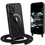 CaseLover Coque avec Cordon Compatible avec iPhone 15 Pro Max Coque Magnétique de Cellulaire Corde Transparent Silicone Étui en Galvanisé avec Réglable Collier Téléphone Chaîne Lanyard Housse, Noir