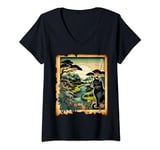 Womens Mt. Fuji Papyrus Scroll Forest Retro Japanese Art Cat V-Neck T-Shirt