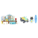 Bluey Beach Cabin Playset, With Exclusive Figure With Goggles. Includes 10 Play Pieces and Sticker Sheet & 17549 Vehicle & Figure Beach Quad with Bandit, Multicolor