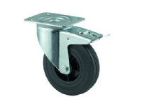 Drejeligt hjul m/ bremse, sort massiv gummi, Ø125 mm, 100 kg, rulleleje, med plade Byggehøjde: 155