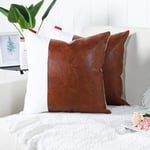 Mandioo Brown White Luxury Boho Decorative Cushion Covers 18x18 Inches Faux Leather and Cotton Farmhouse Throw Pillowcases for Couch Sofa Bed 45cmx45cm,Pack of 2