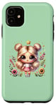 Coque pour iPhone 11 Vert - Jolie fille animée entourée d'éléments floraux