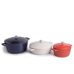 3pc Cast Aluminium Casserole Dish Set with 2.5L Red Casserole Dish, 4L Cream Shallow Casserole Dish & 5L Blue Casserole Dish