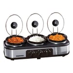 Daewoo Stainless Steel Triple Slow Cooker With 3 Individual Heat Settings And Non Stick Ceramic, Dishwasher Safe Posts and Individual Lid Rests, Easy Clean, 3 x 1.5-Litres