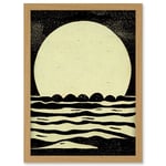 Retro Moonrise Over Sea Black And White Linocut Illustration Artwork Framed Wall Art Print A4