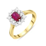 18ct Yellow Gold Ruby Diamond Emerald Cut Cluster Ring