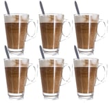 JPN 6PC Premium Latte Glasses Mugs 250ml & 6 Spoons Set Ideal for Espresso, Cappuccino, Coffee, Tea, Hot Chocolate, Hot Drinks, Tassimo & Dolce Gusto Coffee Machines 8.8oz