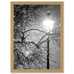 Street Lamp Paris France Winter Night Black White A4 Artwork Framed Wall Art Print